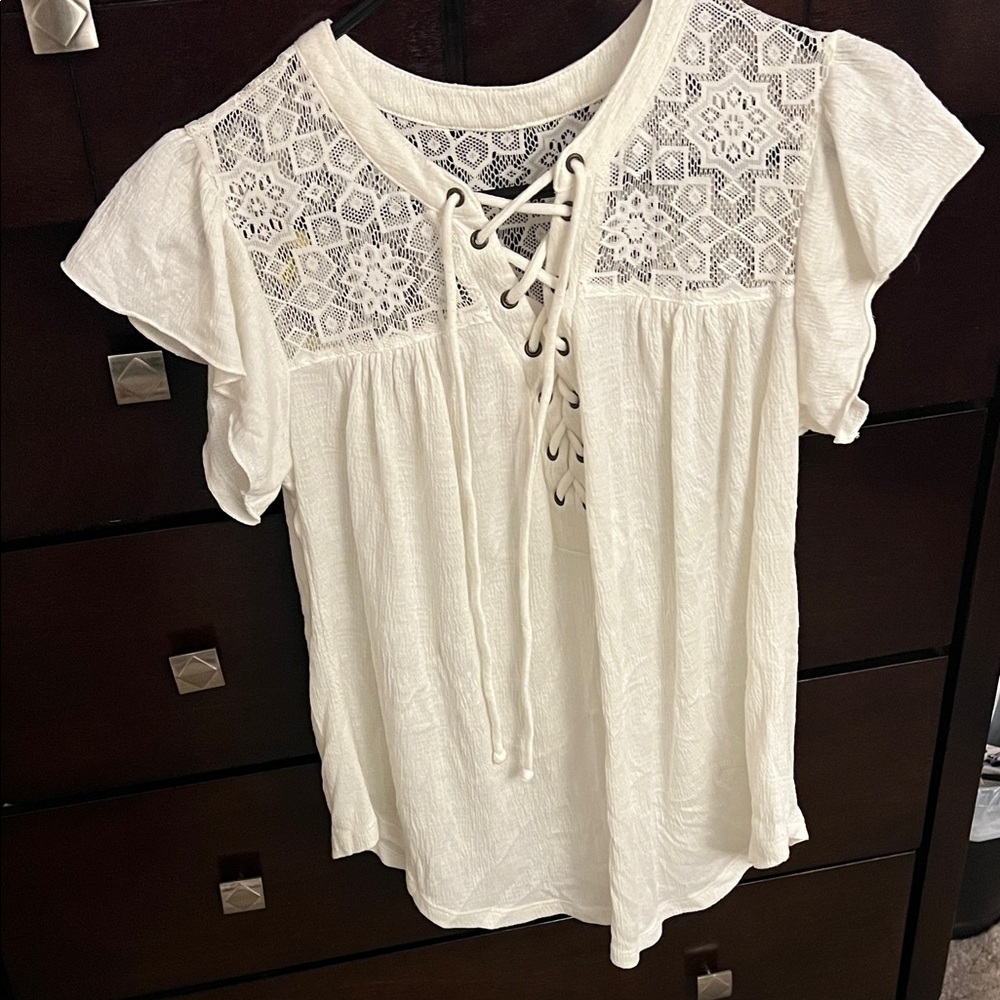 No Boundaries Cream Lace-Up Ruffle Blouse